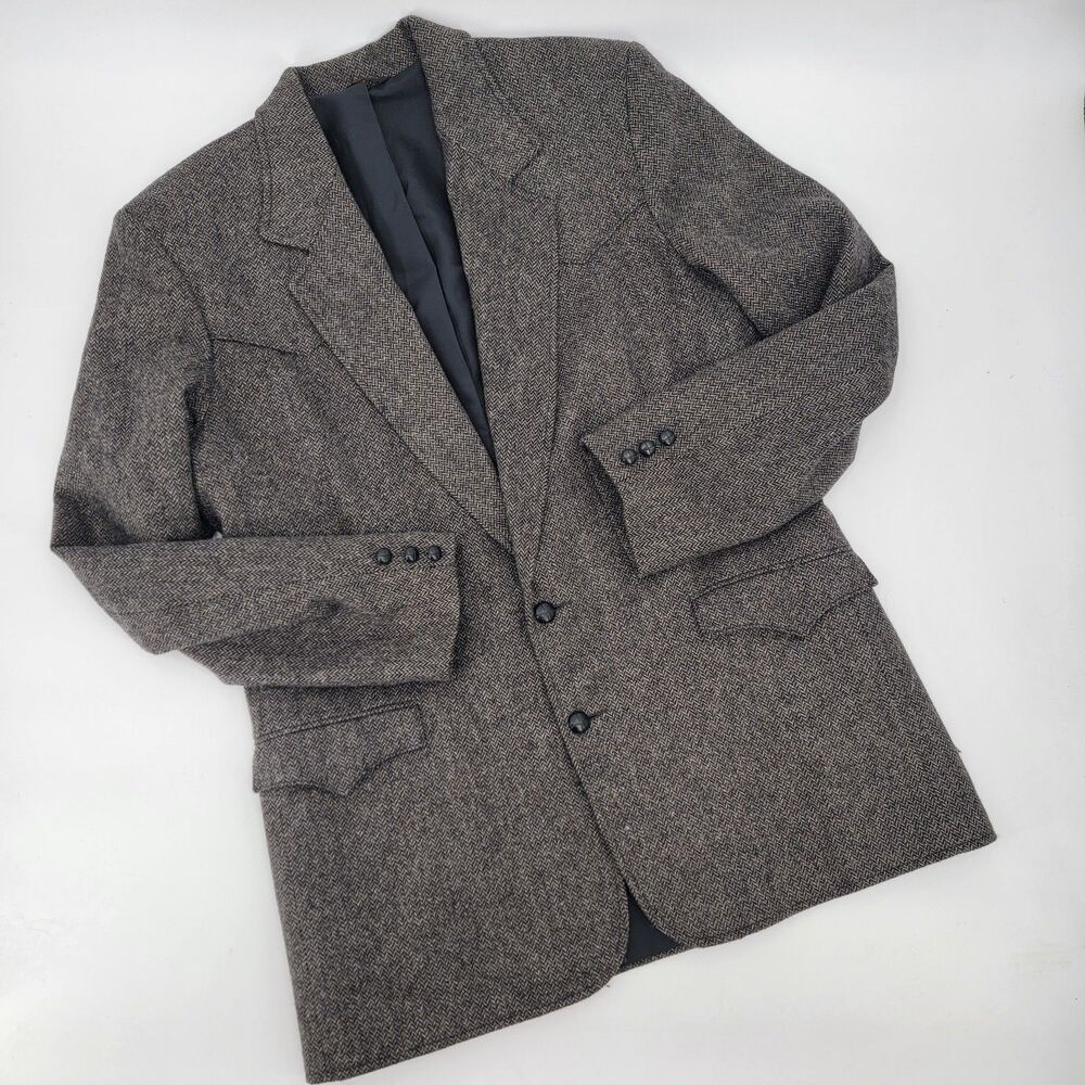 Vintage Pioneer Wear Men Wool Herringbone Western Action Back Sport Coat USA EUC
